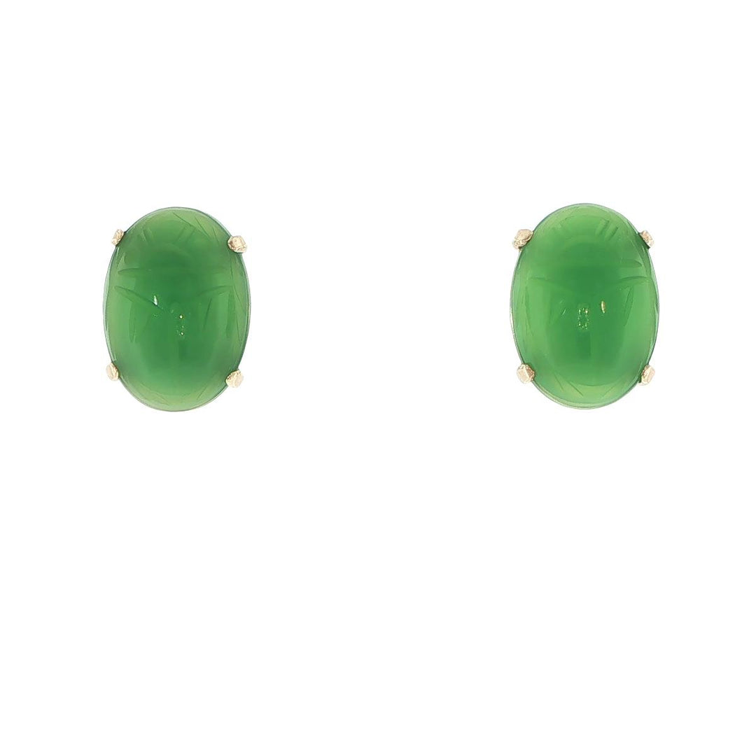 14K Yellow Gold Green Onyx Scarab Stud Earrings