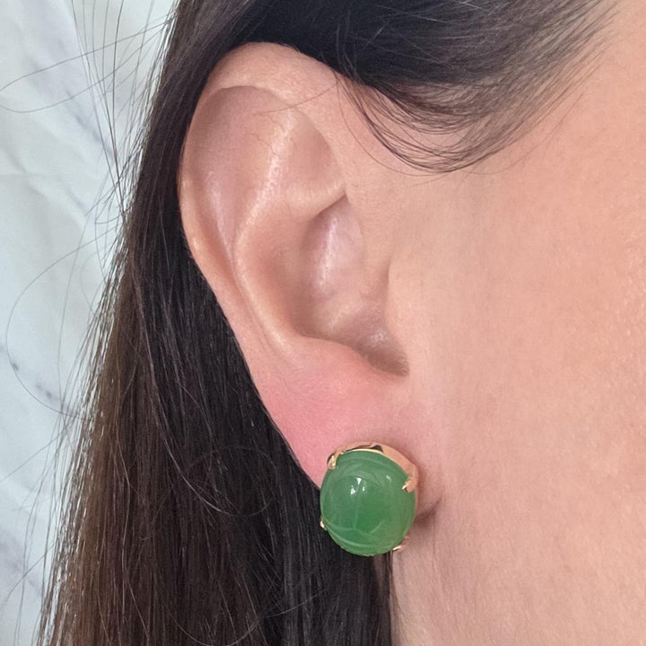14K Yellow Gold Green Onyx Scarab Stud Earrings