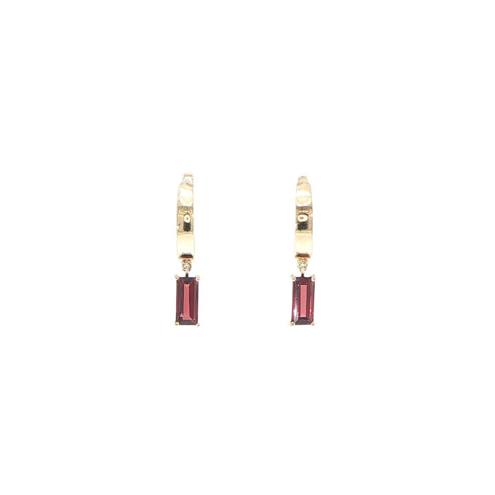 14K Yellow Gold Baguette Garnet Huggie Earrings