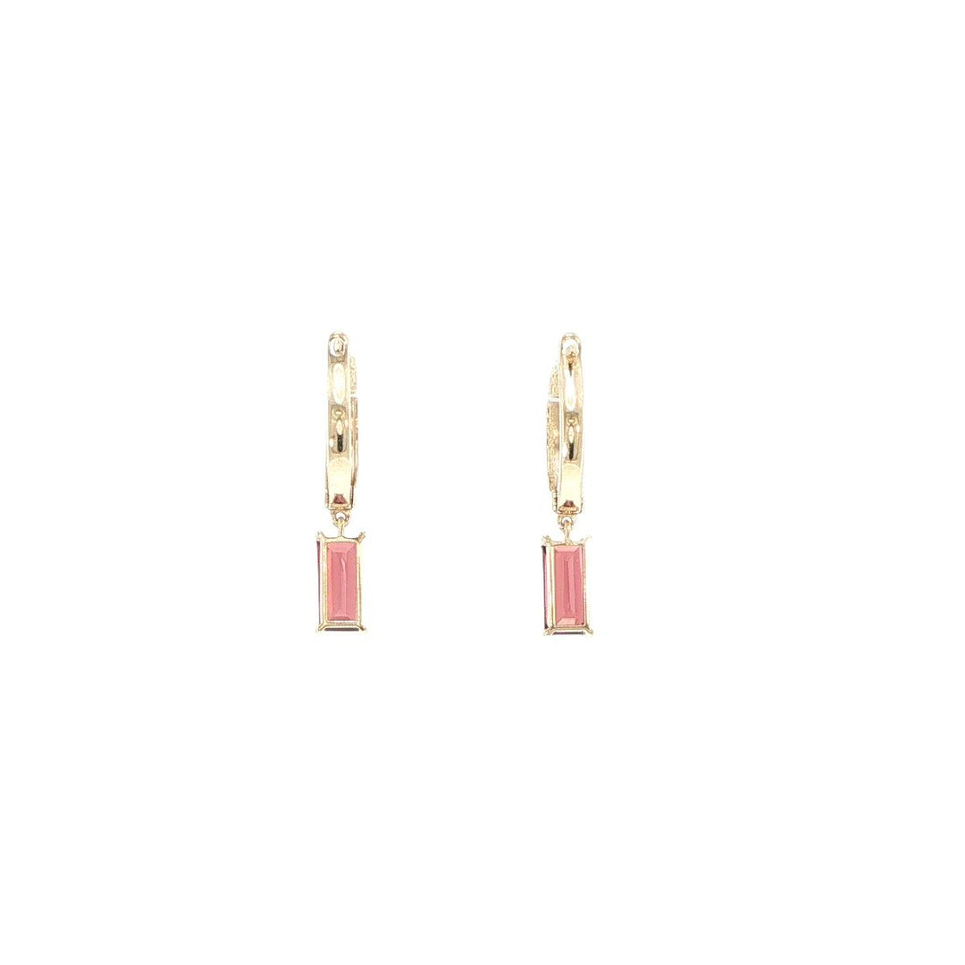14K Yellow Gold Baguette Garnet Huggie Earrings