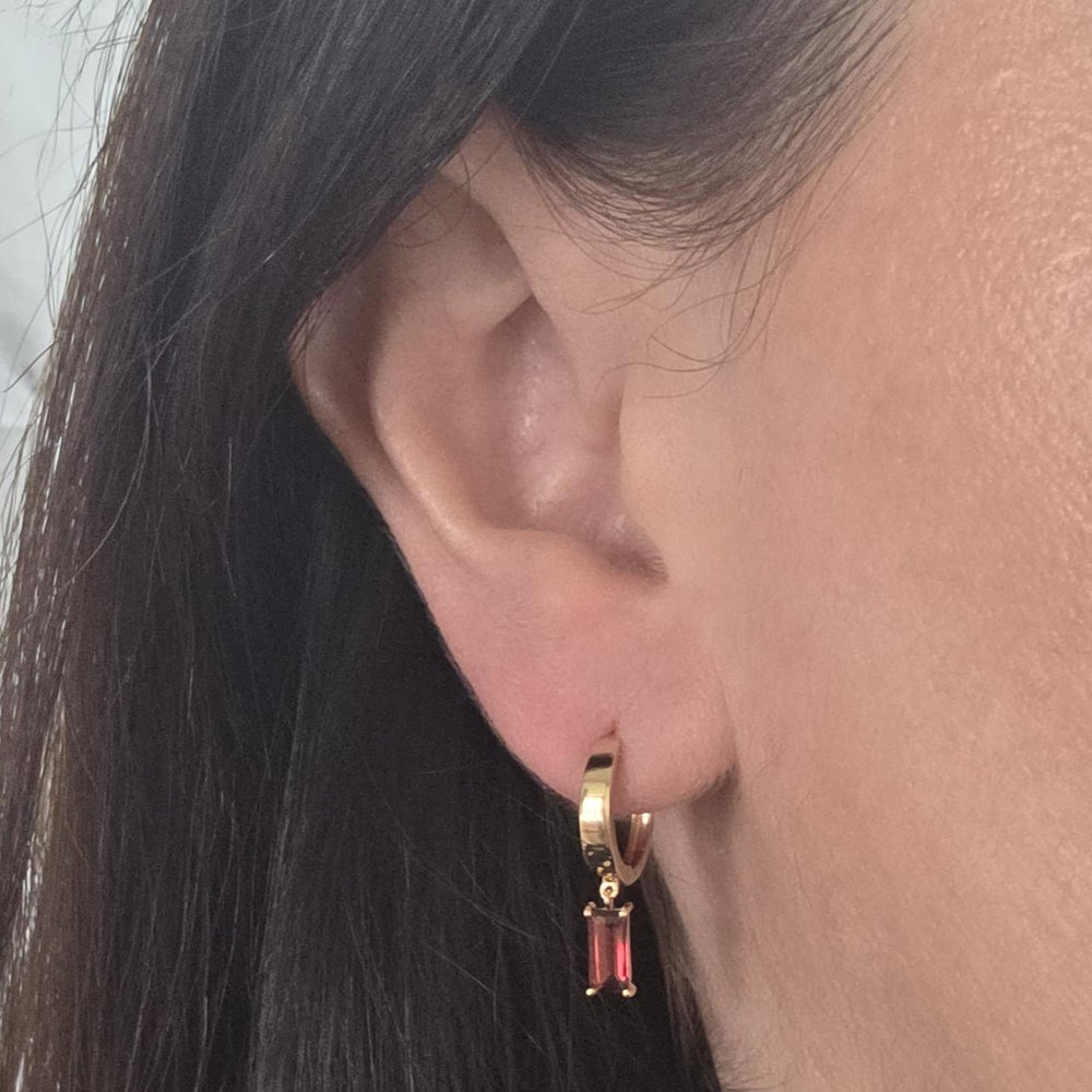 14K Yellow Gold Baguette Garnet Huggie Earrings