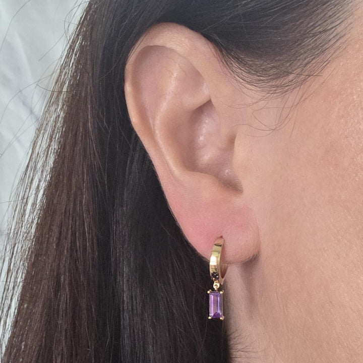 14K Yellow Gold Baguette Amethyst Huggie Earrings