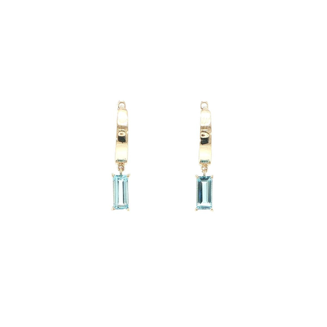 14K Yellow Gold Baguette Blue Topaz Huggie Earrings