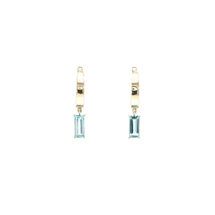 14K Yellow Gold Baguette Blue Topaz Huggie Earrings