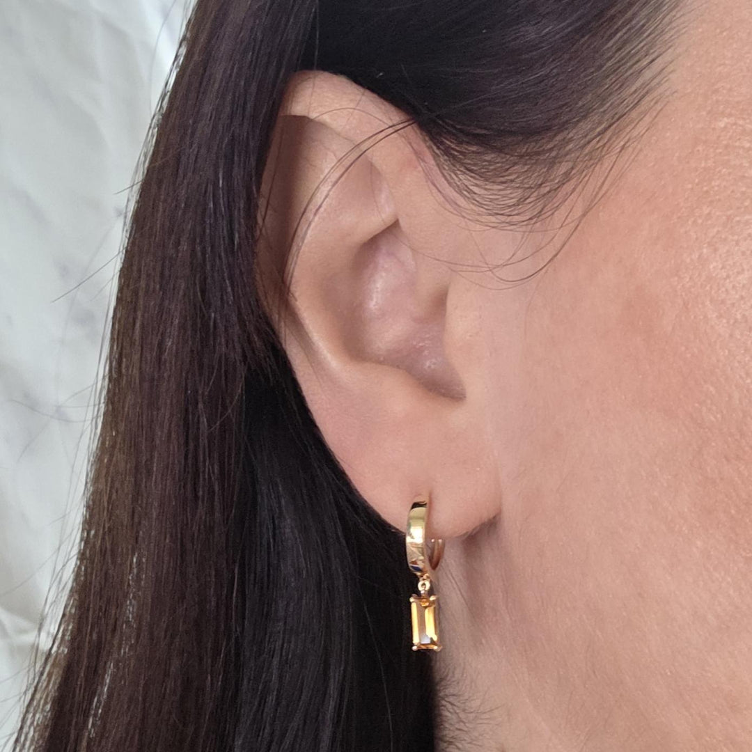 14K Yellow Gold Baguette Citrine Huggie Earrings