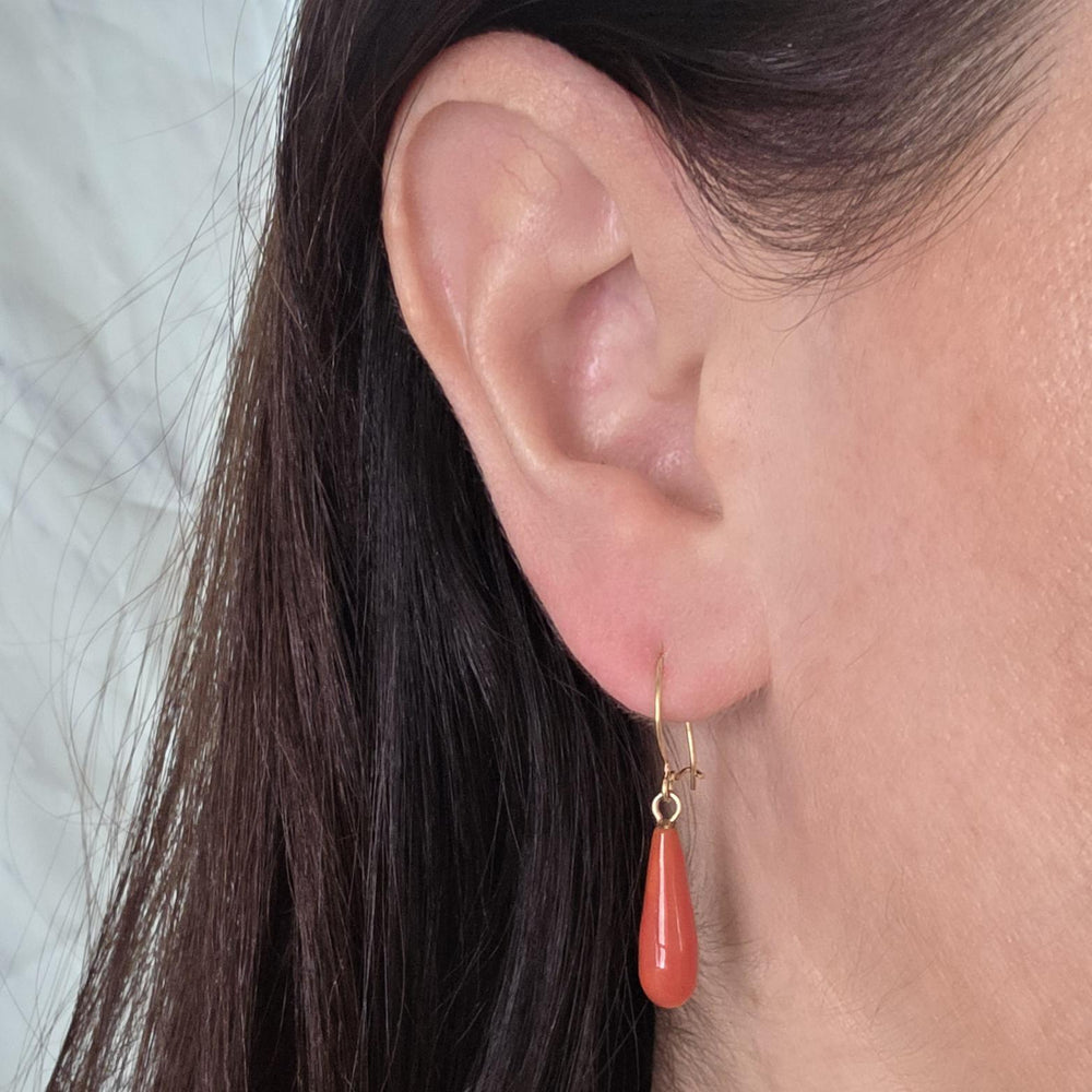 14K Yellow Gold Italian Coral Earrings with Wire Backs