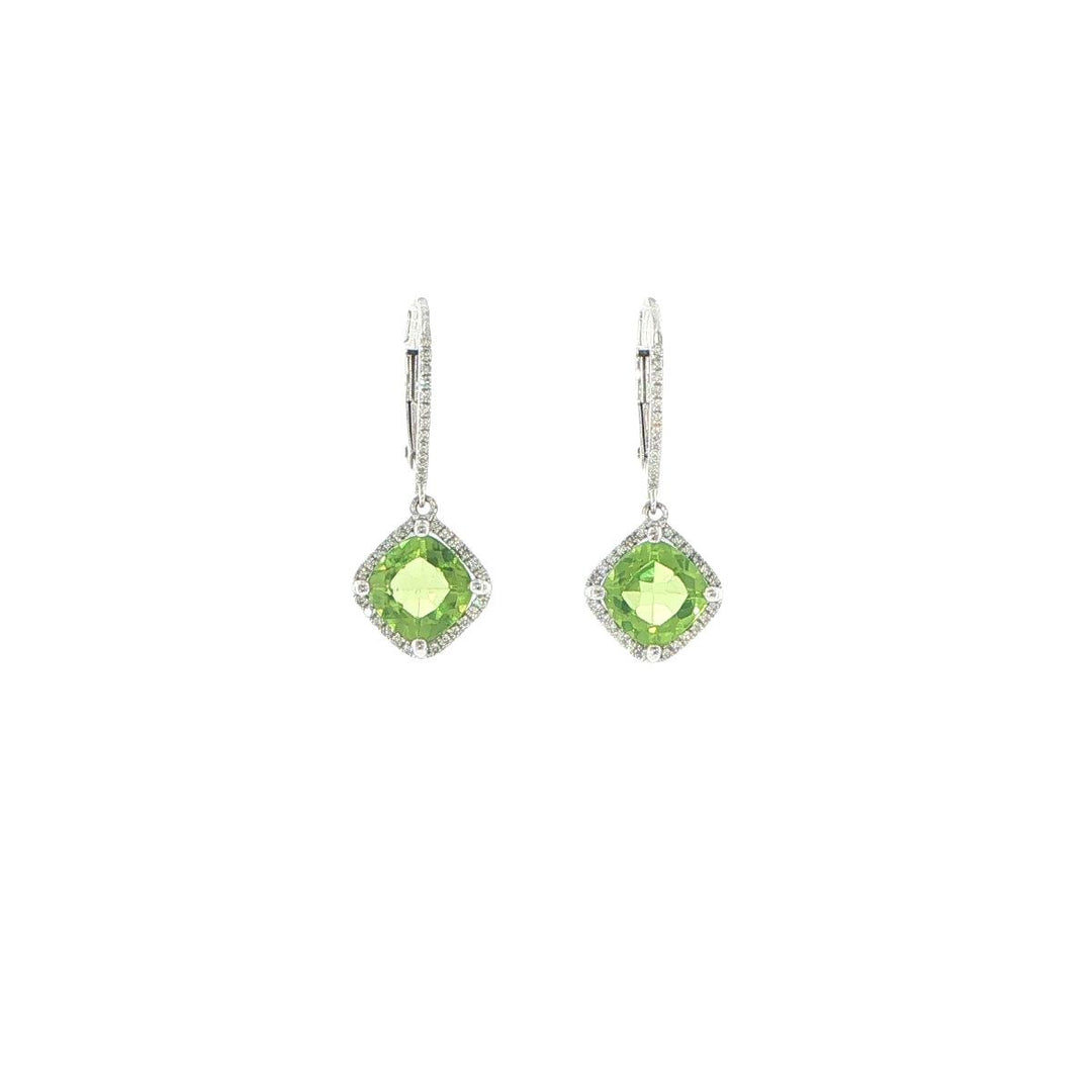 14K White Gold Peridot & Diamond Halo Drop Earrings