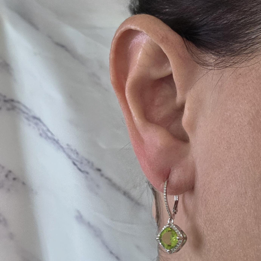 14K White Gold Peridot & Diamond Halo Drop Earrings