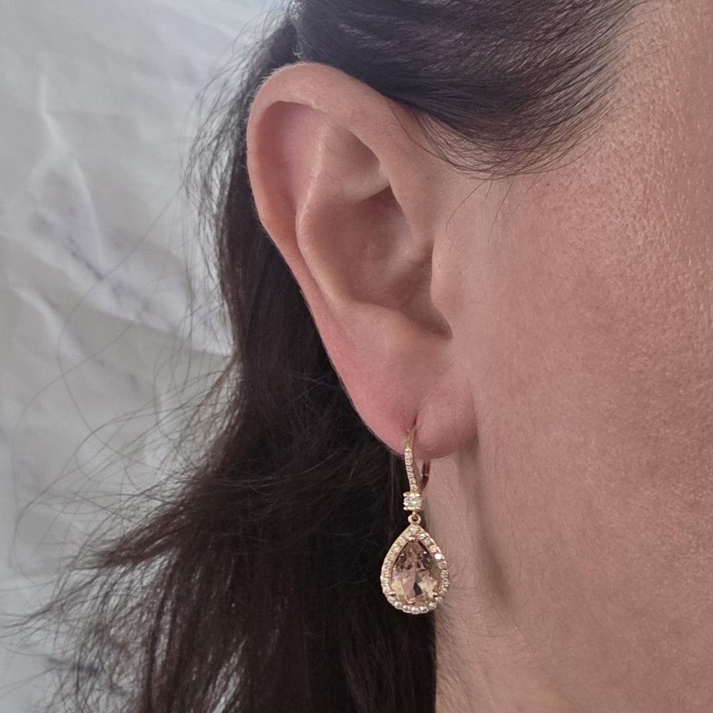 14K Rose Gold Morganite & Diamond Halo Drop Earrings