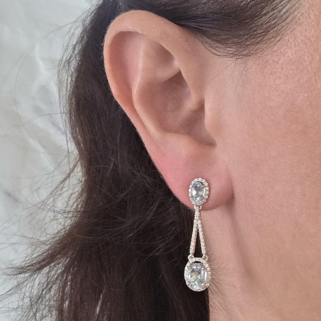 14K White Gold Aquamarine & Diamond Halo Drop Earrings
