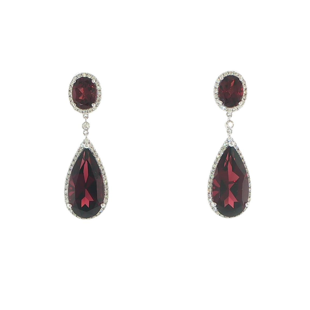 14K White Gold Garnet & Diamond Halo Teardrop Earrings