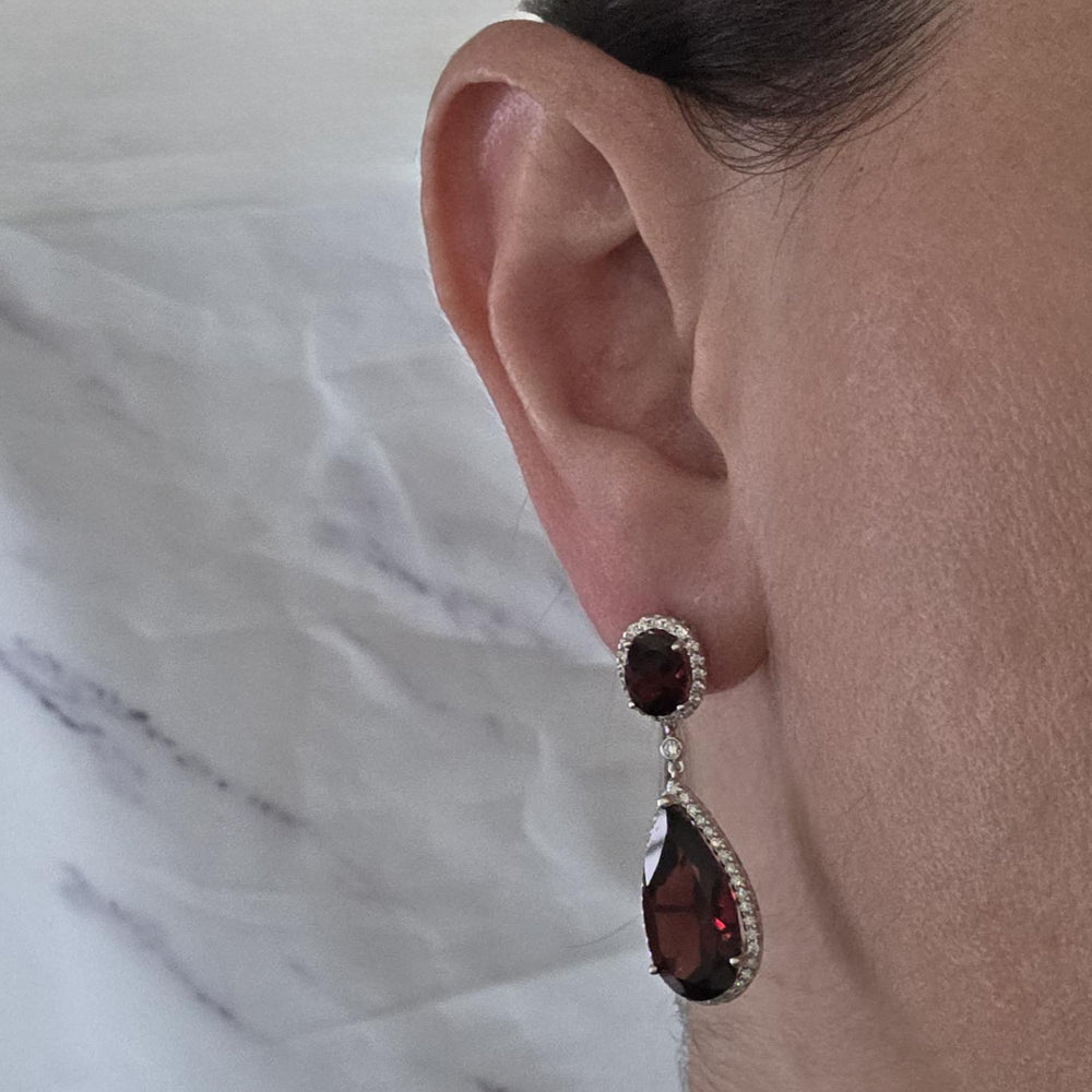 14K White Gold Garnet & Diamond Halo Teardrop Earrings