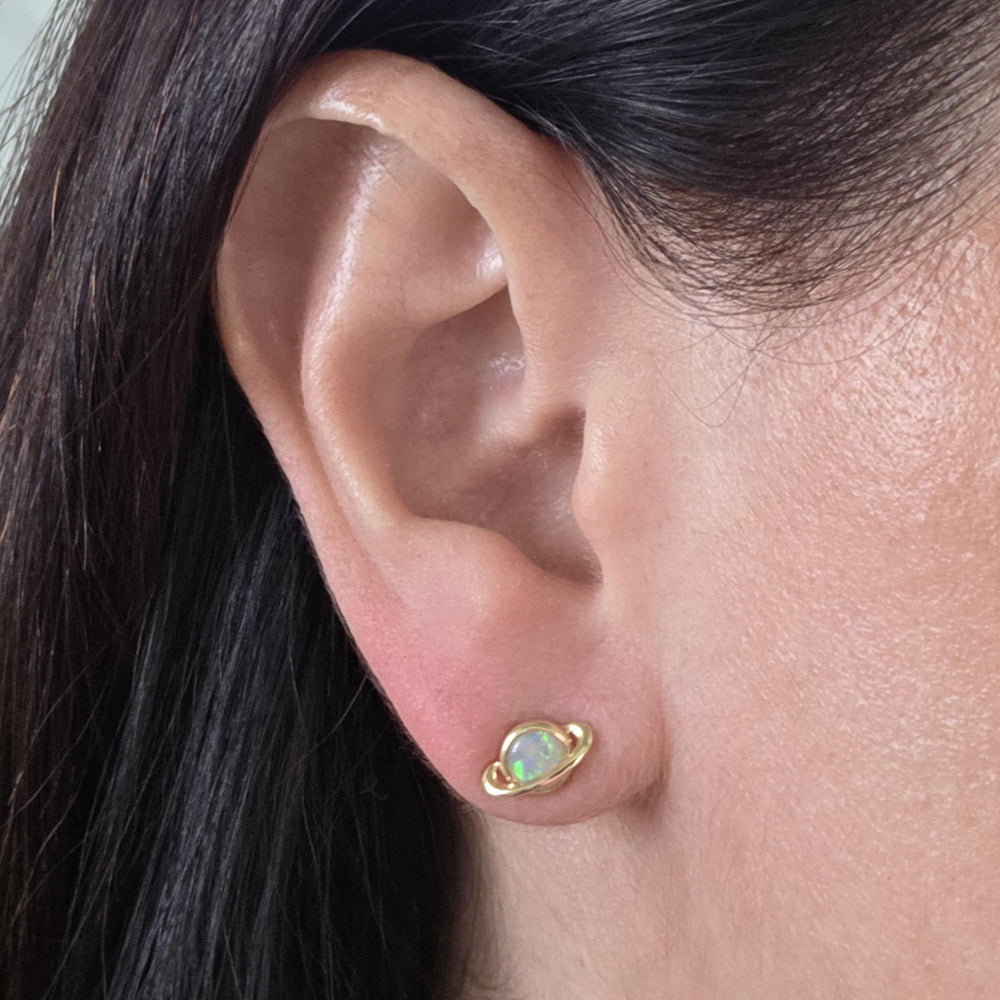 14K Yellow Gold Australian Opal Saturn Stud Earrings