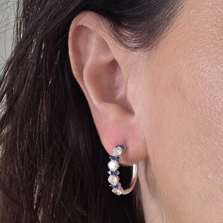 18K White Gold Diamond and Sapphire Hoop Earrings