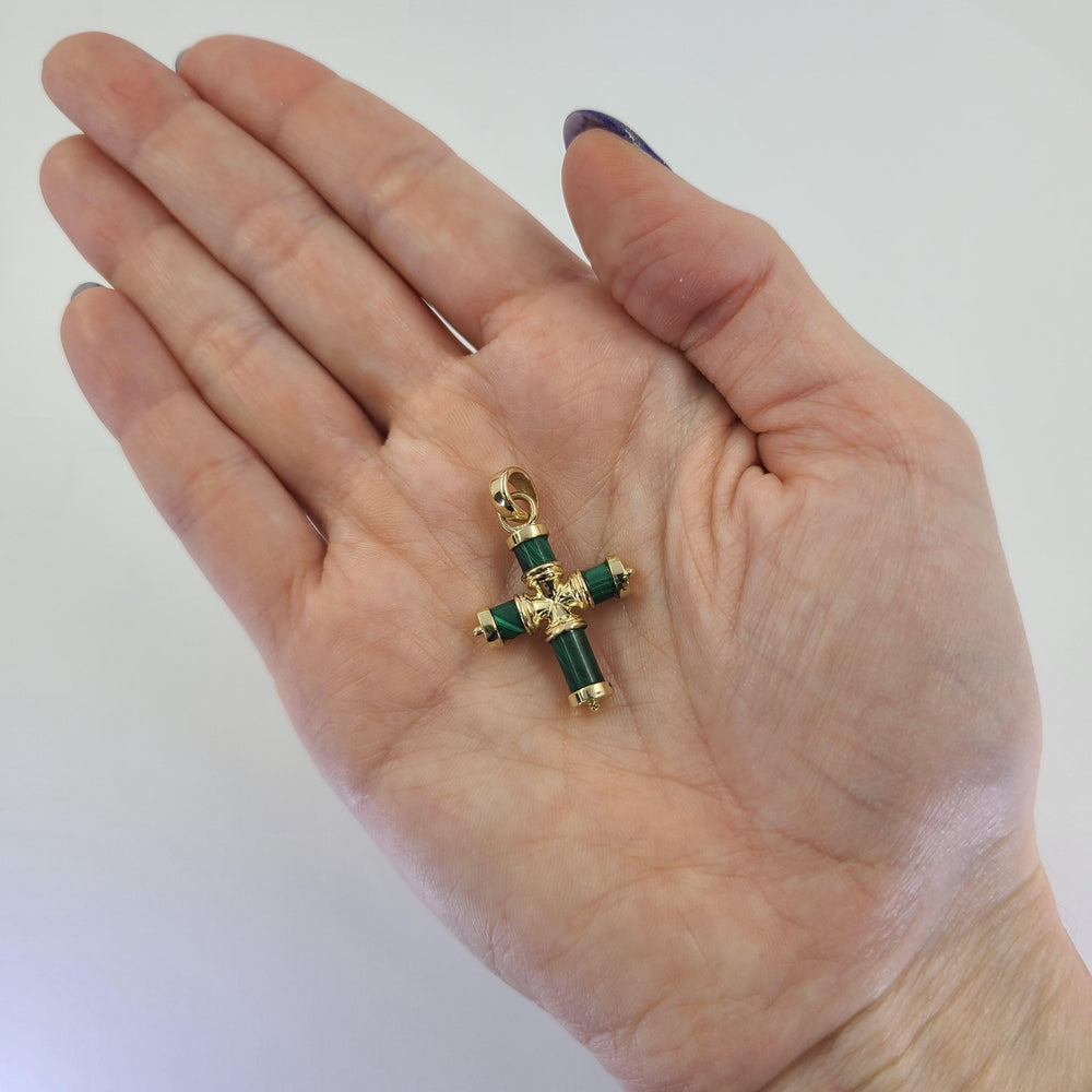 14K Yellow Gold Custom Malachite Cross Pendant