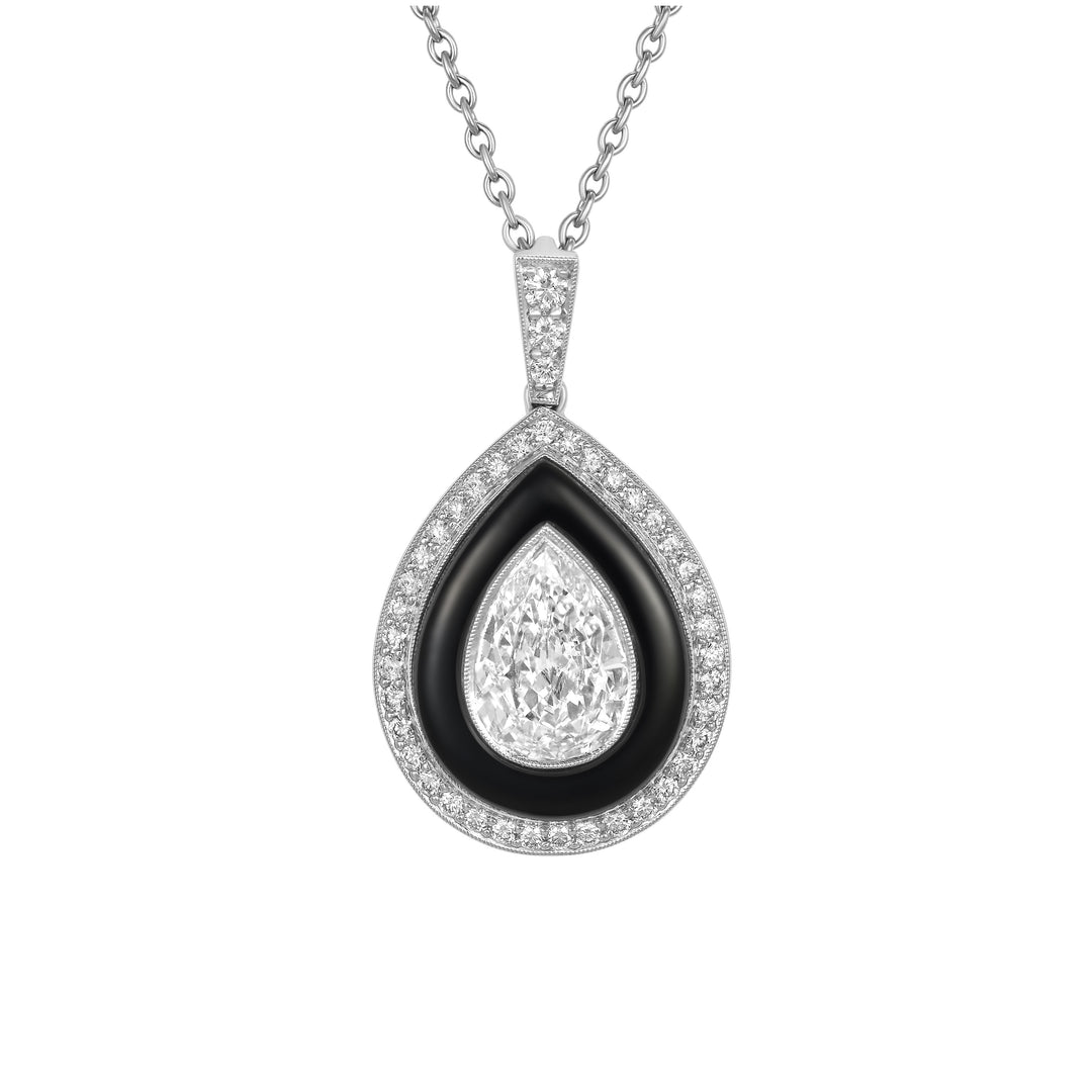 Onyx and Pear Diamond Pendant Necklace