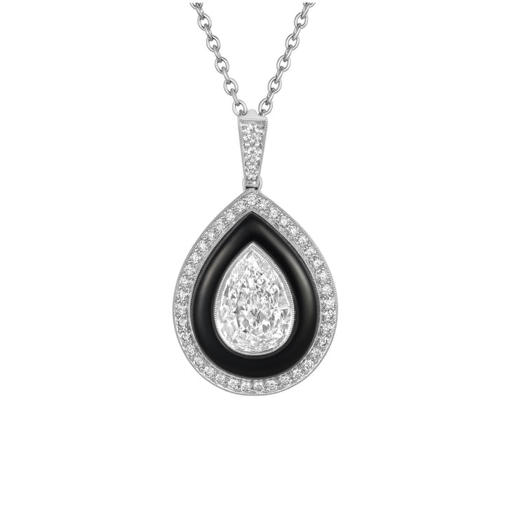 Onyx and Pear Diamond Pendant Necklace
