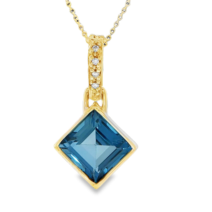 14K Yellow Gold Square Blue Topaz & Diamond Pendant