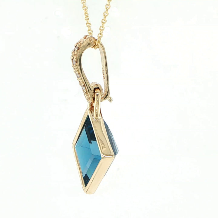 14K Yellow Gold Square Blue Topaz & Diamond Pendant