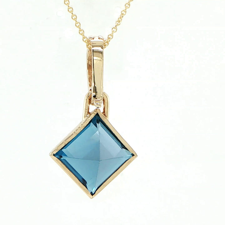 14K Yellow Gold Square Blue Topaz & Diamond Pendant