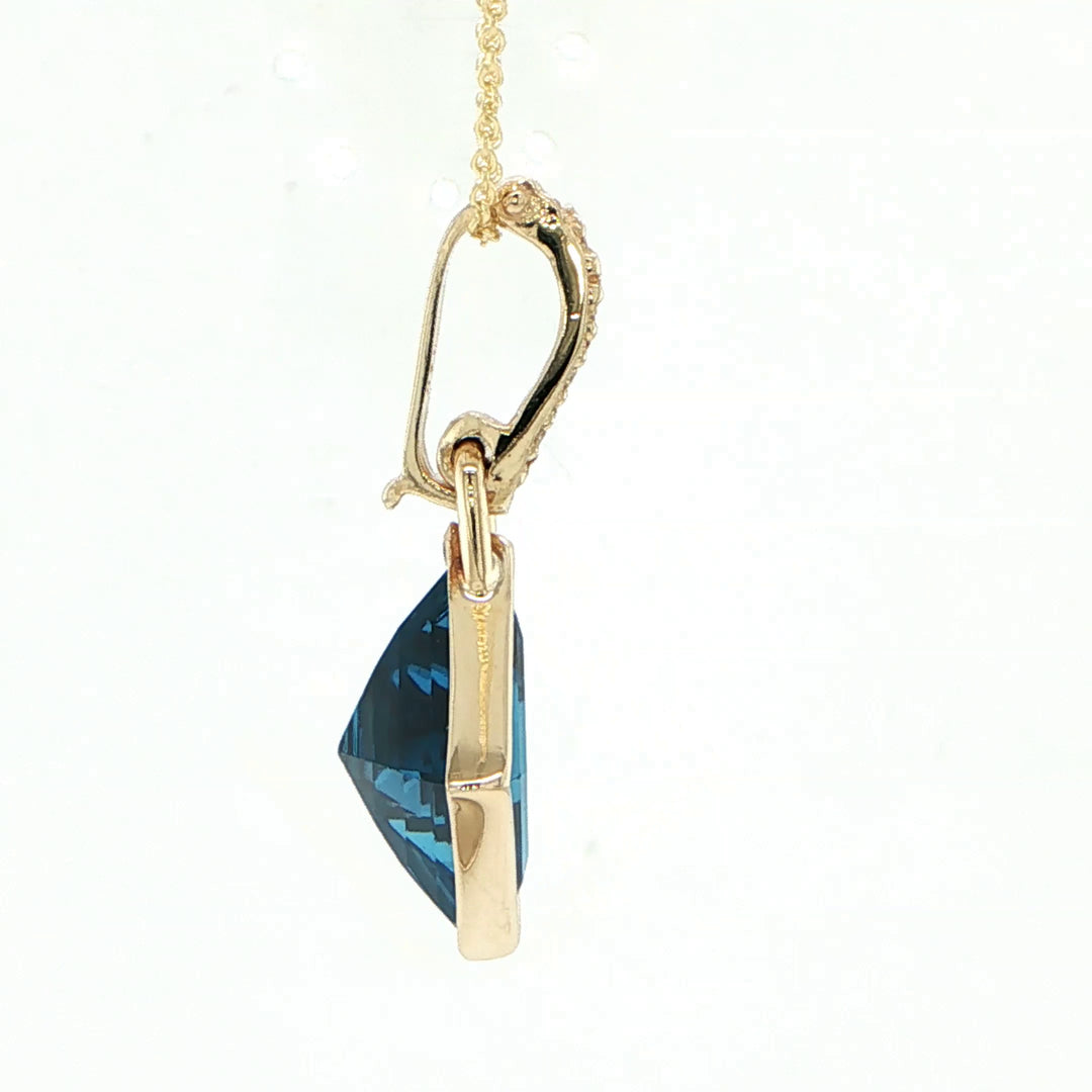 14K Yellow Gold Square Blue Topaz & Diamond Pendant