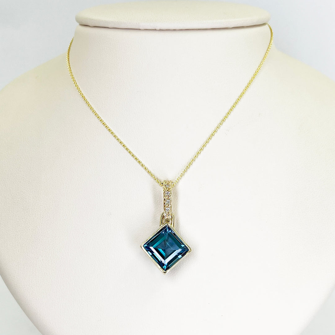 14K Yellow Gold Square Blue Topaz & Diamond Pendant