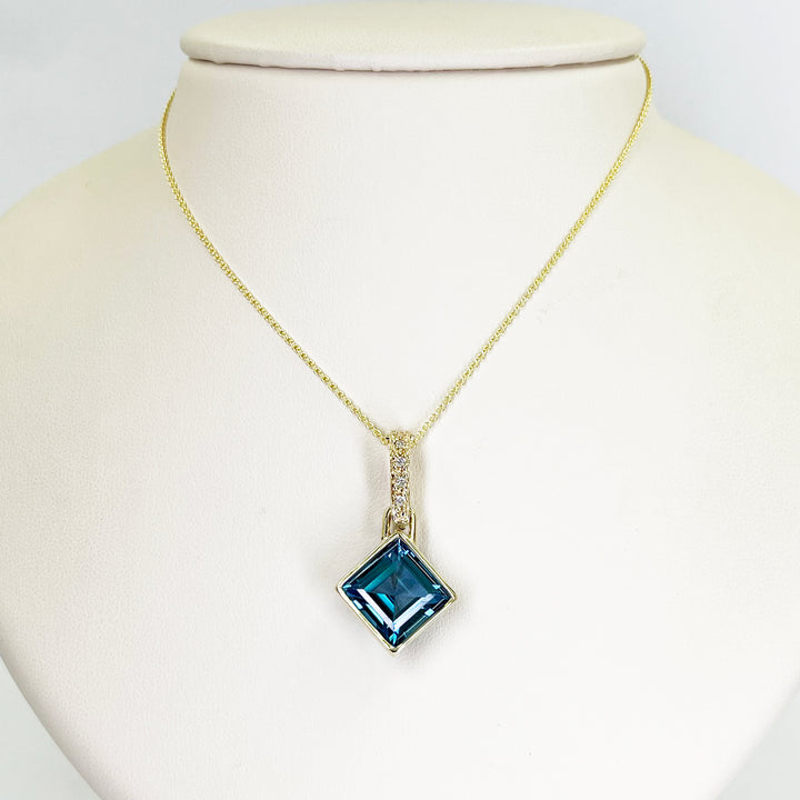 14K Yellow Gold Square Blue Topaz & Diamond Pendant