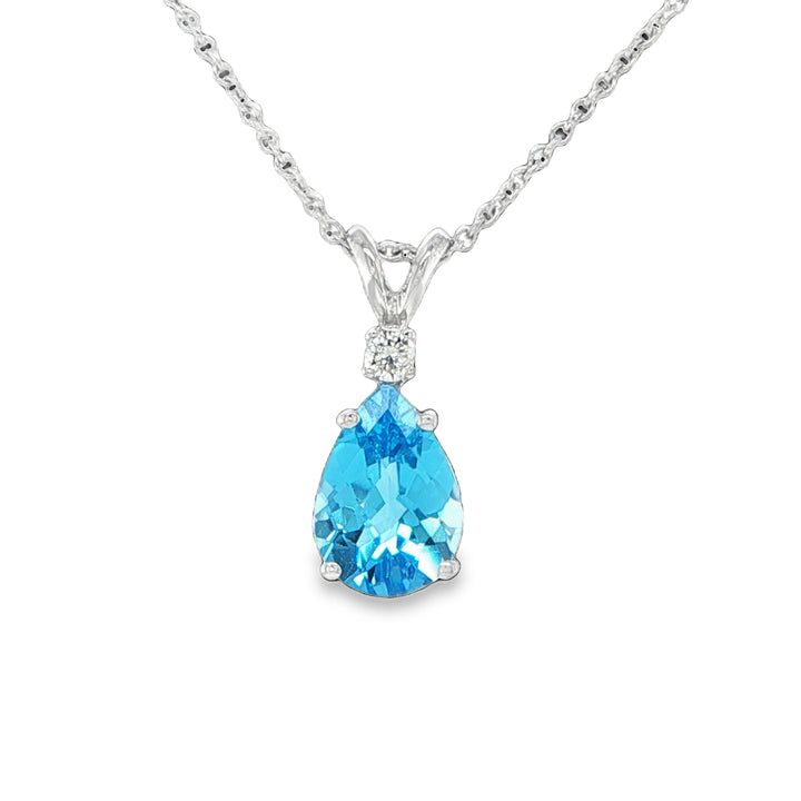 14K White Gold Pear Blue Topaz & Diamond Pendant