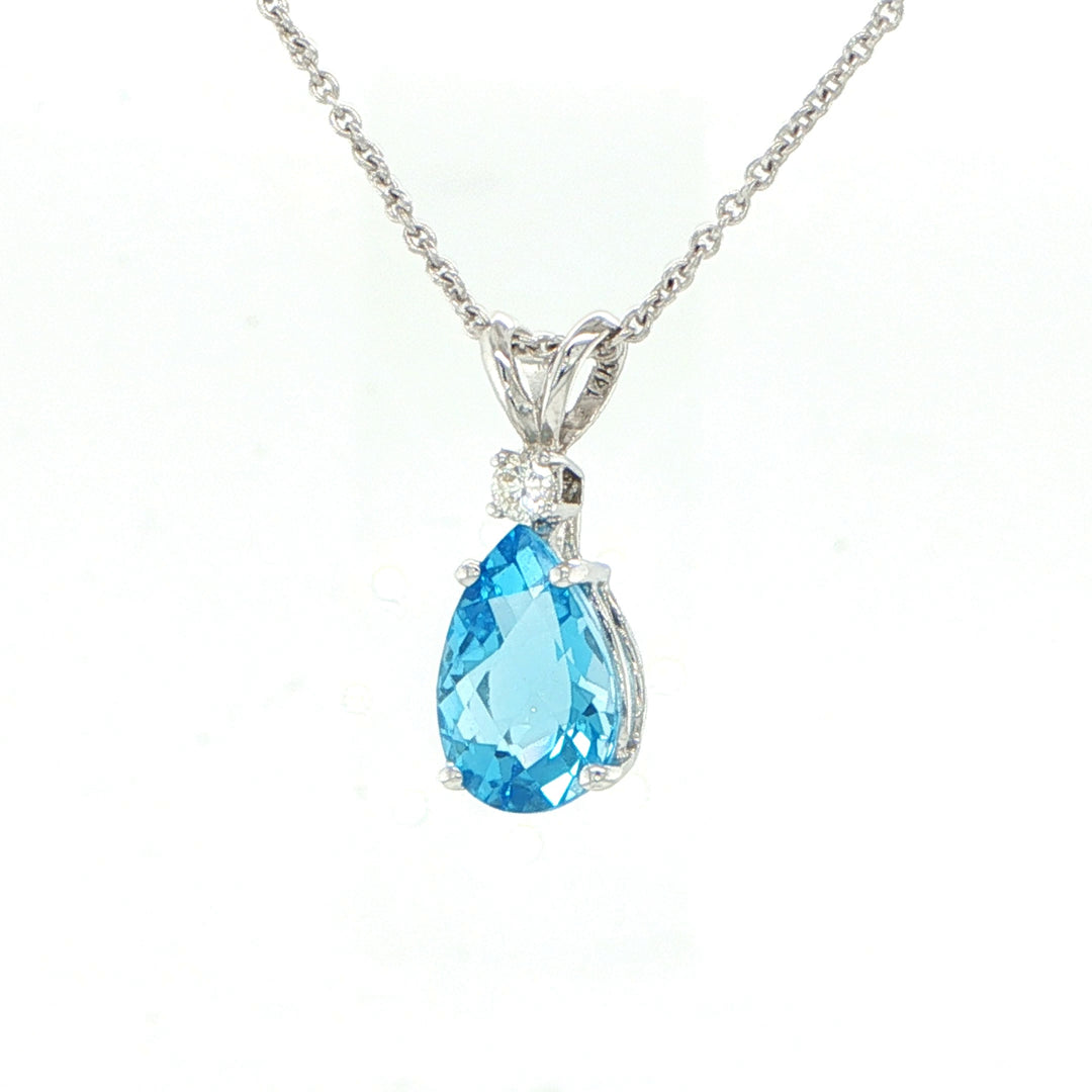 14K White Gold Pear Blue Topaz & Diamond Pendant