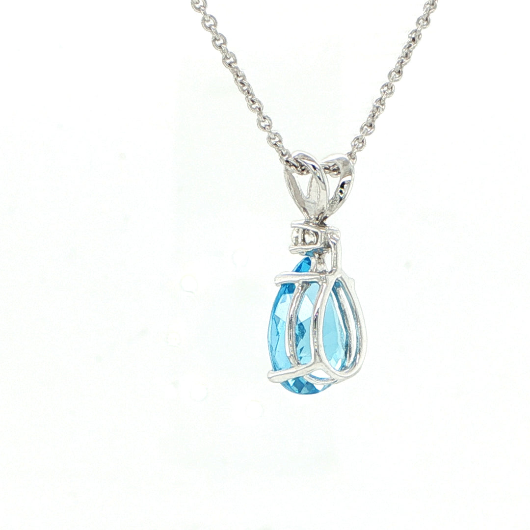 14K White Gold Pear Blue Topaz & Diamond Pendant