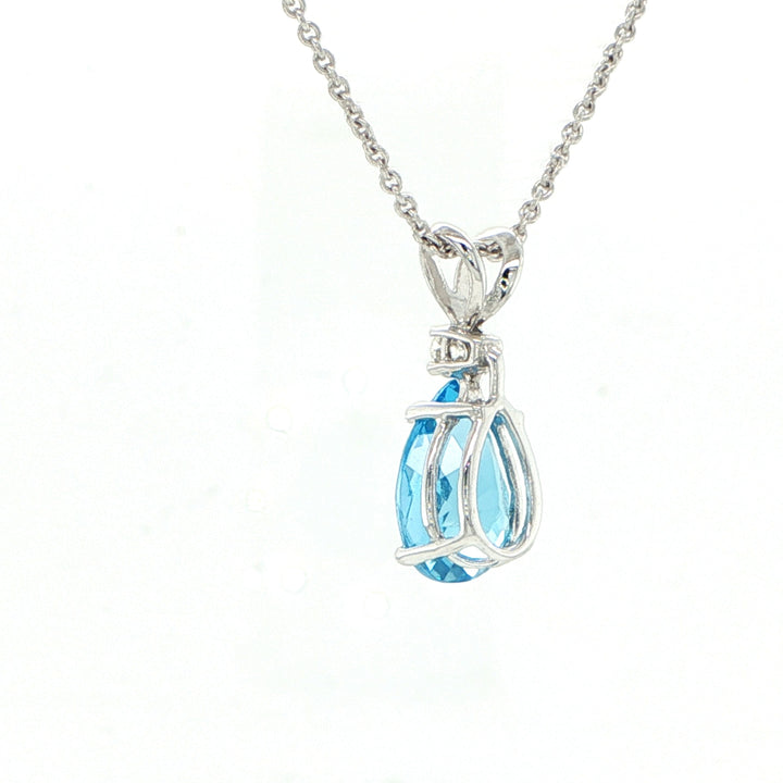 14K White Gold Pear Blue Topaz & Diamond Pendant