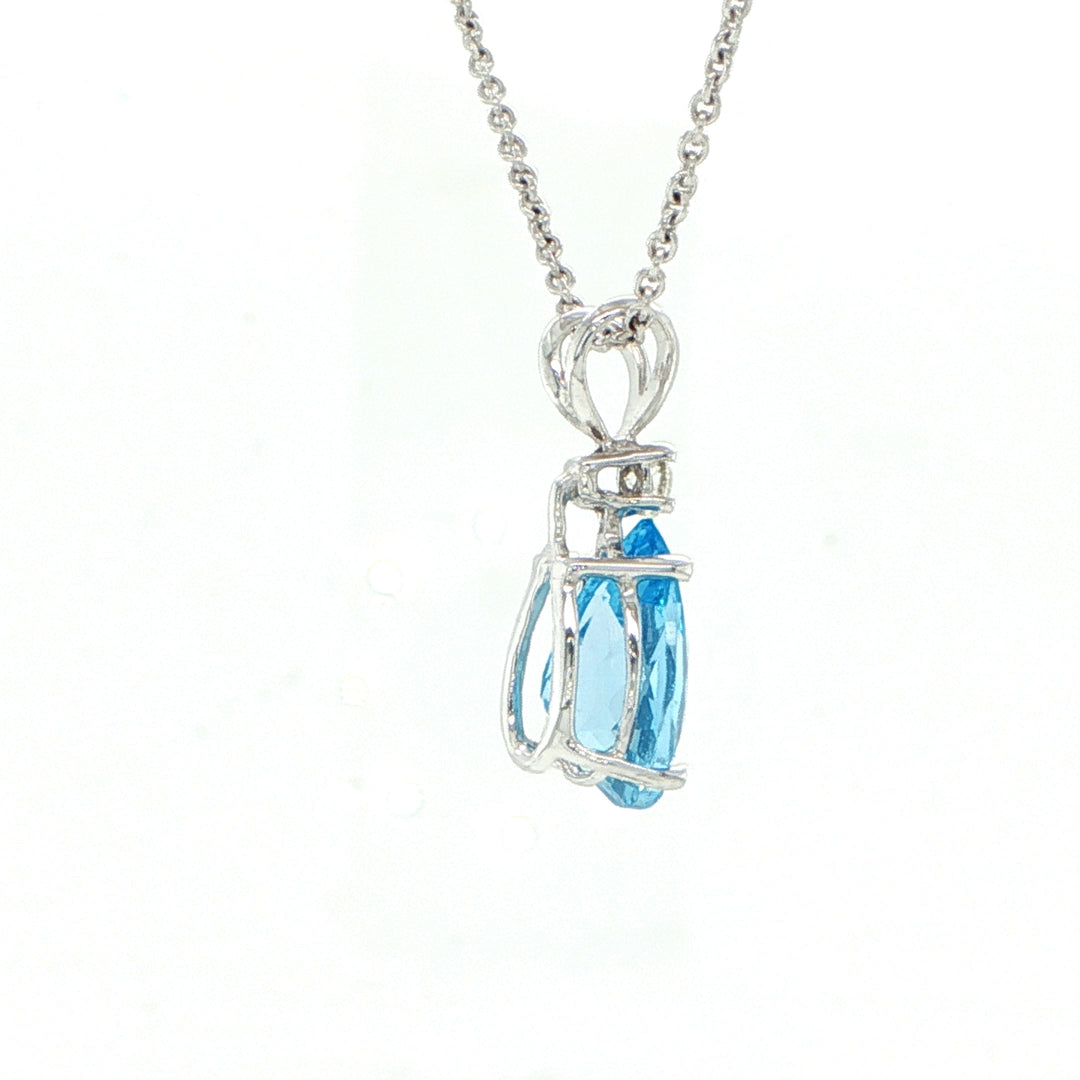 14K White Gold Pear Blue Topaz & Diamond Pendant