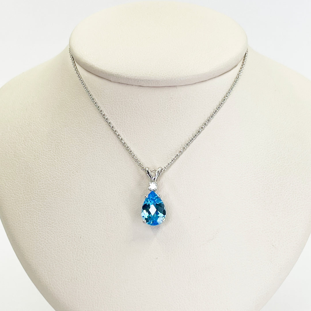 14K White Gold Pear Blue Topaz & Diamond Pendant