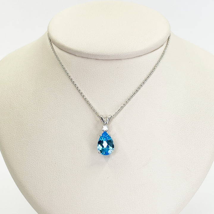 14K White Gold Pear Blue Topaz & Diamond Pendant