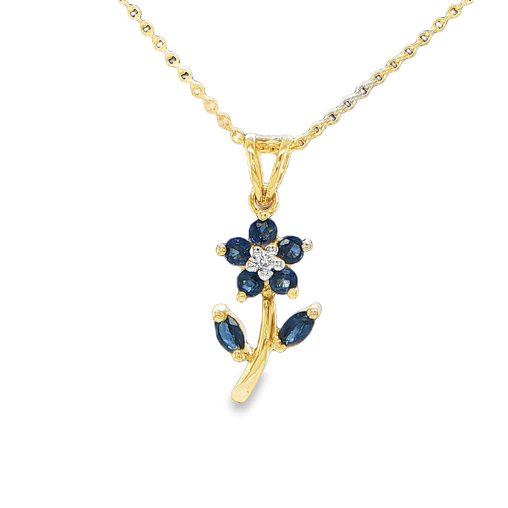 14K Yellow Gold Blue Sapphire & Diamond Flower Pendant