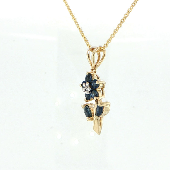 14K Yellow Gold Blue Sapphire & Diamond Flower Pendant