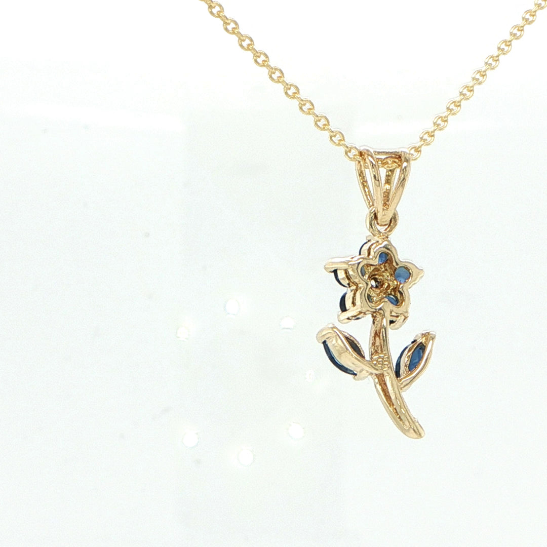 14K Yellow Gold Blue Sapphire & Diamond Flower Pendant