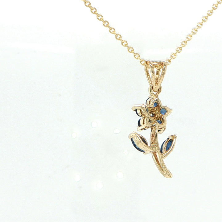 14K Yellow Gold Blue Sapphire & Diamond Flower Pendant