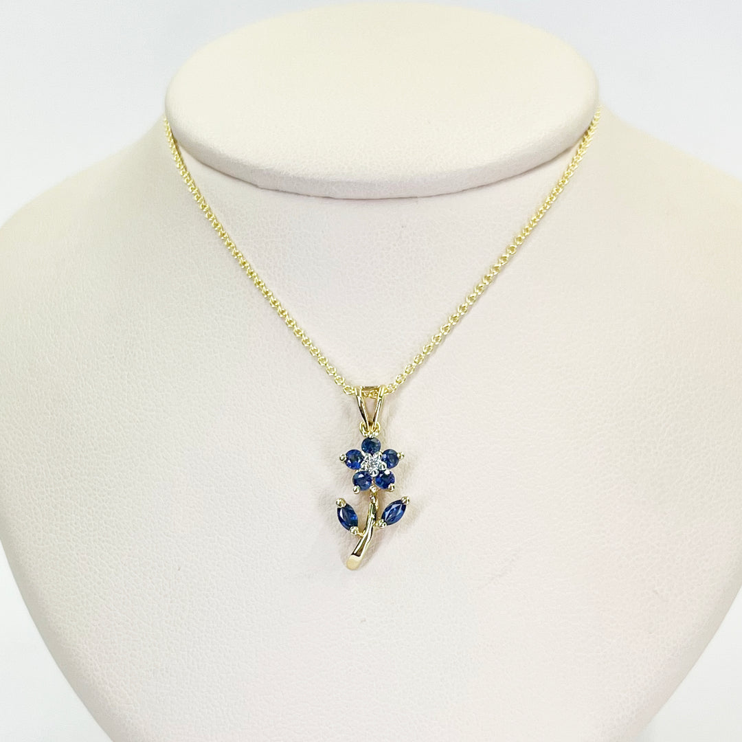 14K Yellow Gold Blue Sapphire & Diamond Flower Pendant