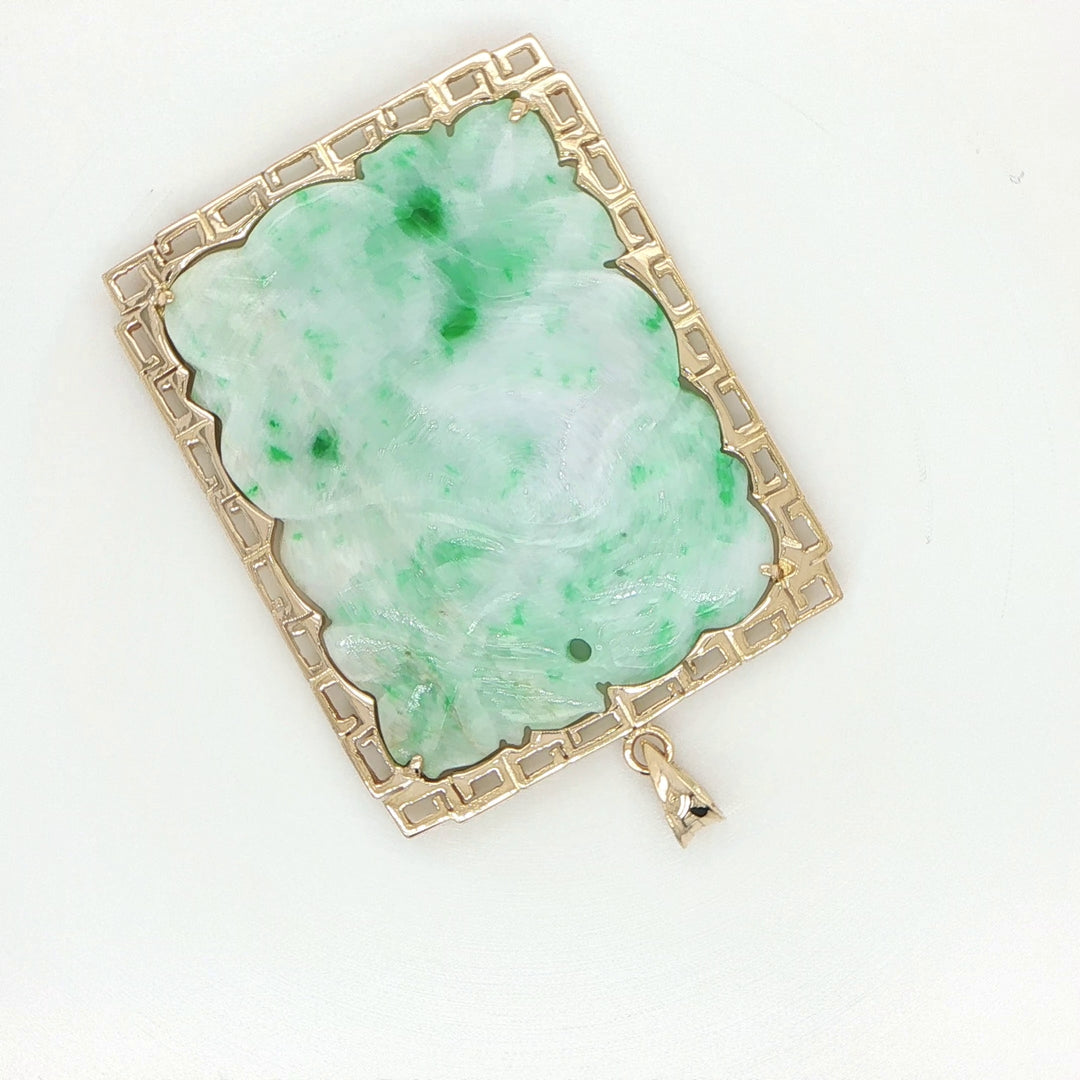 14K Yellow Gold Carved Jadeite Floral Pendant