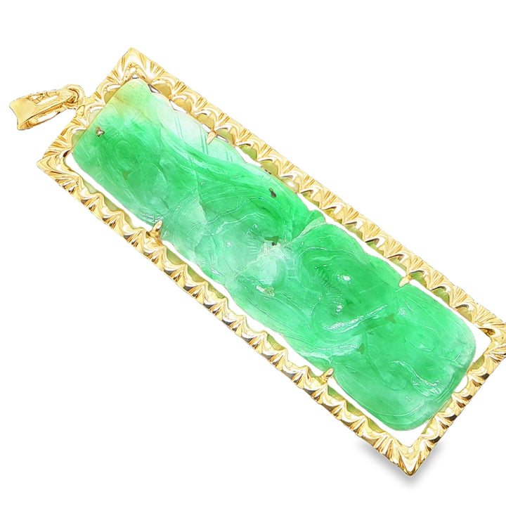 14K Yellow Gold Tapered Bar Pendant with Carved Jade