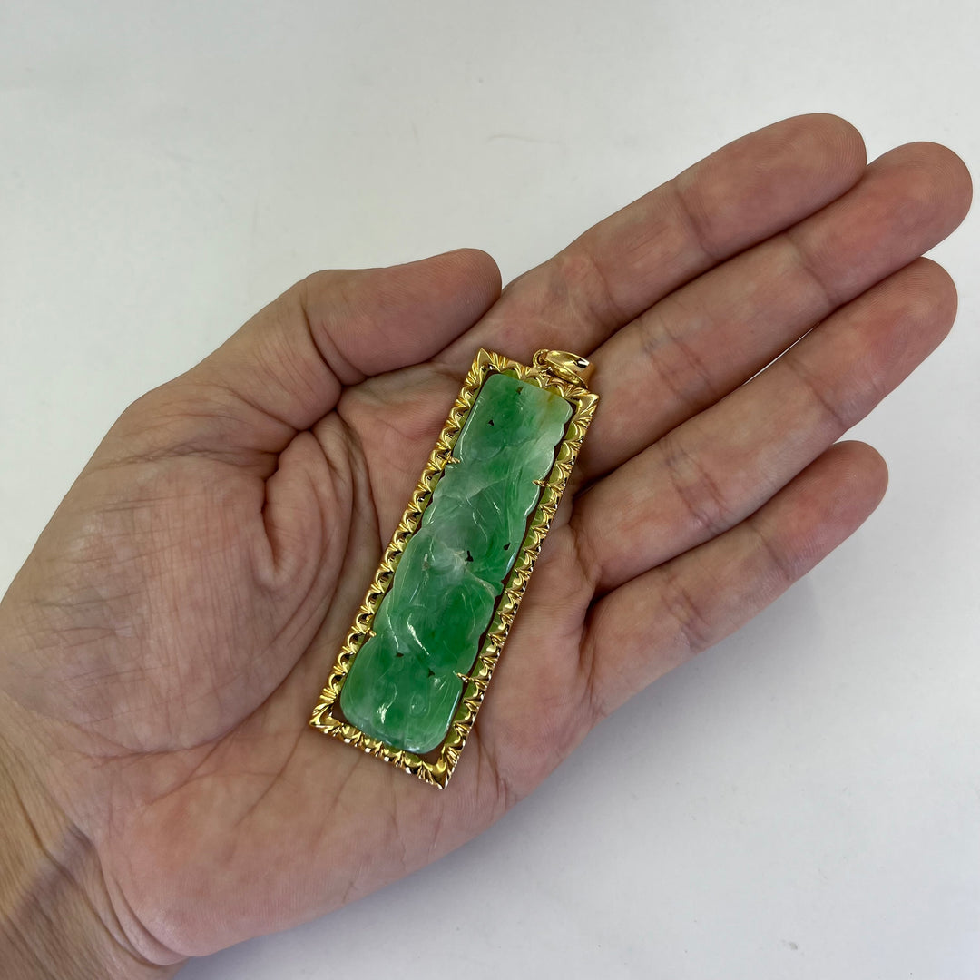 14K Yellow Gold Tapered Bar Pendant with Carved Jade