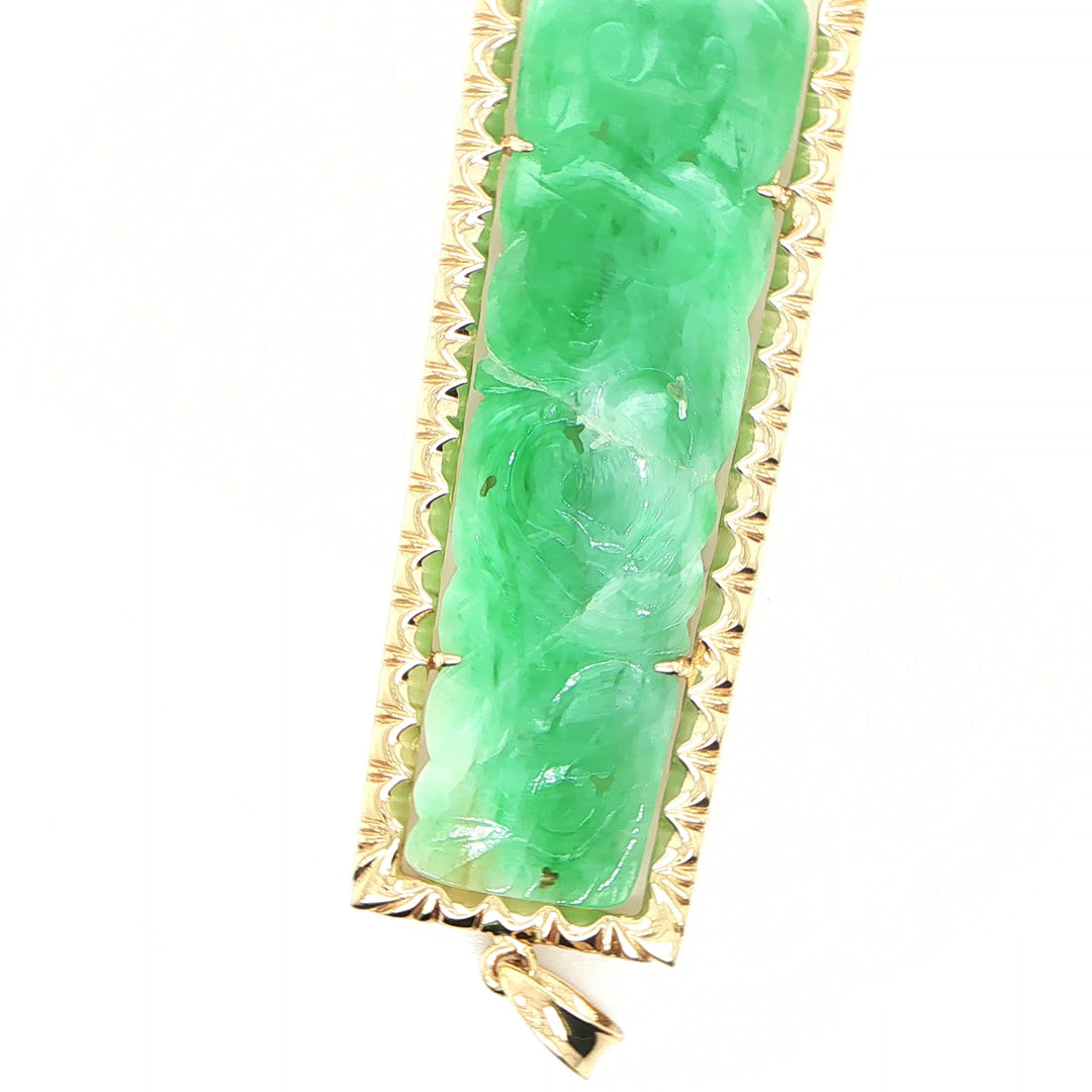 14K Yellow Gold Tapered Bar Pendant with Carved Jade