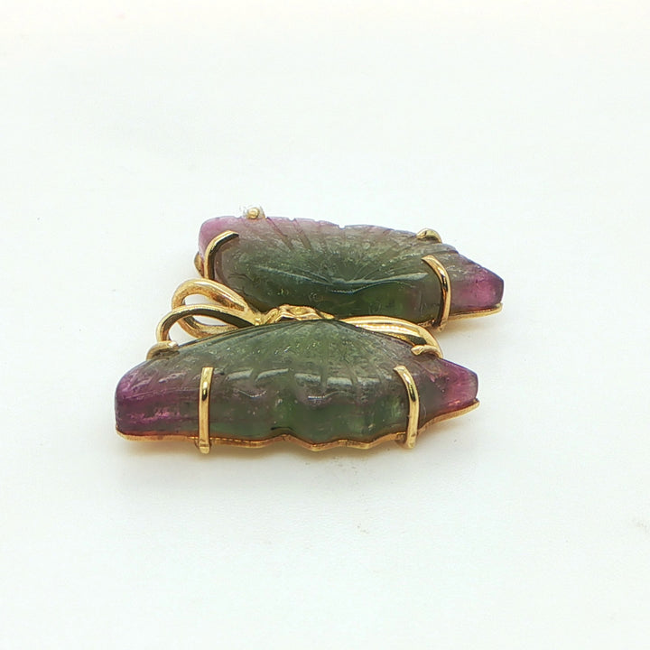 18K Yellow Gold Watermelon Tourmaline Butterfly Pendant
