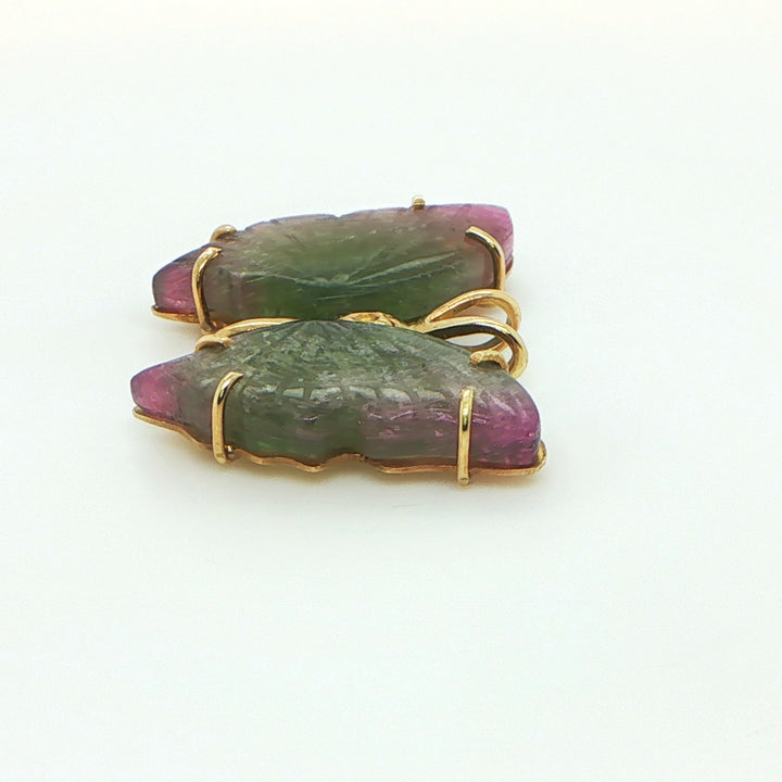 18K Yellow Gold Watermelon Tourmaline Butterfly Pendant