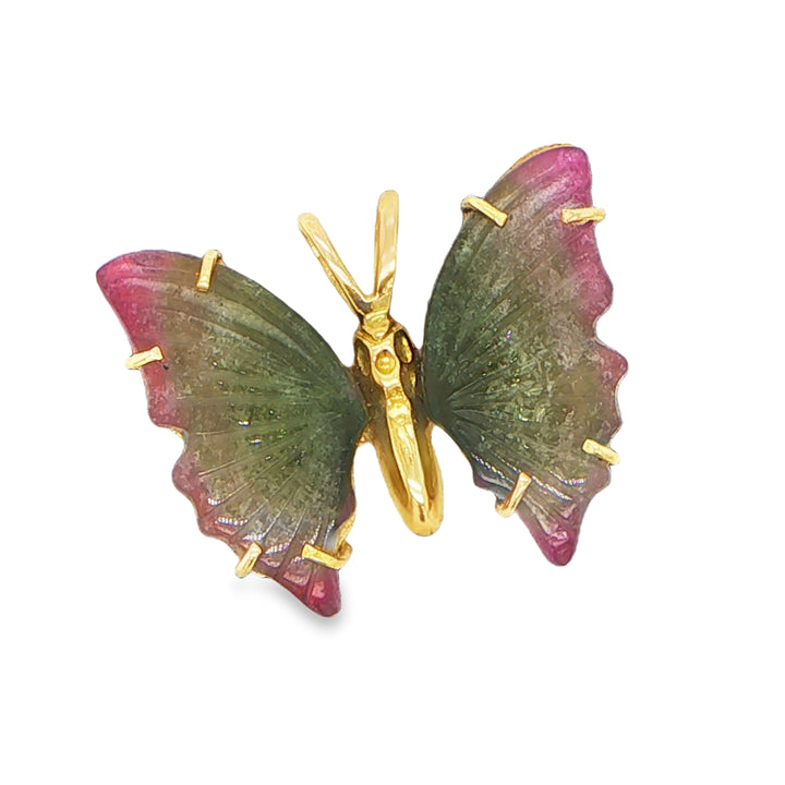 18K Yellow Gold Watermelon Tourmaline Butterfly Pendant