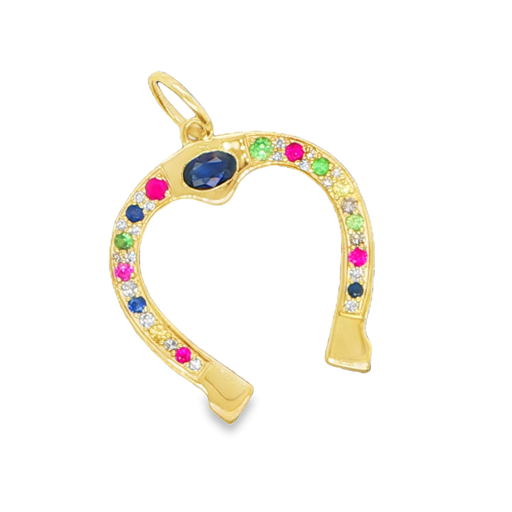 14K Yellow Gold Gemstone Horseshoe Charm Pendant