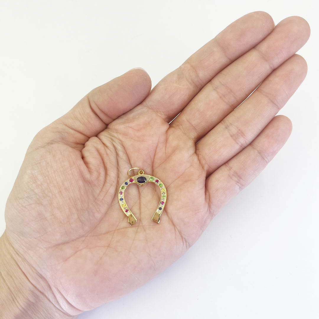 14K Yellow Gold Gemstone Horseshoe Charm Pendant