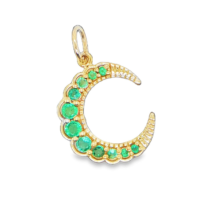 14K Yellow Gold Moon Pendant with Emeralds