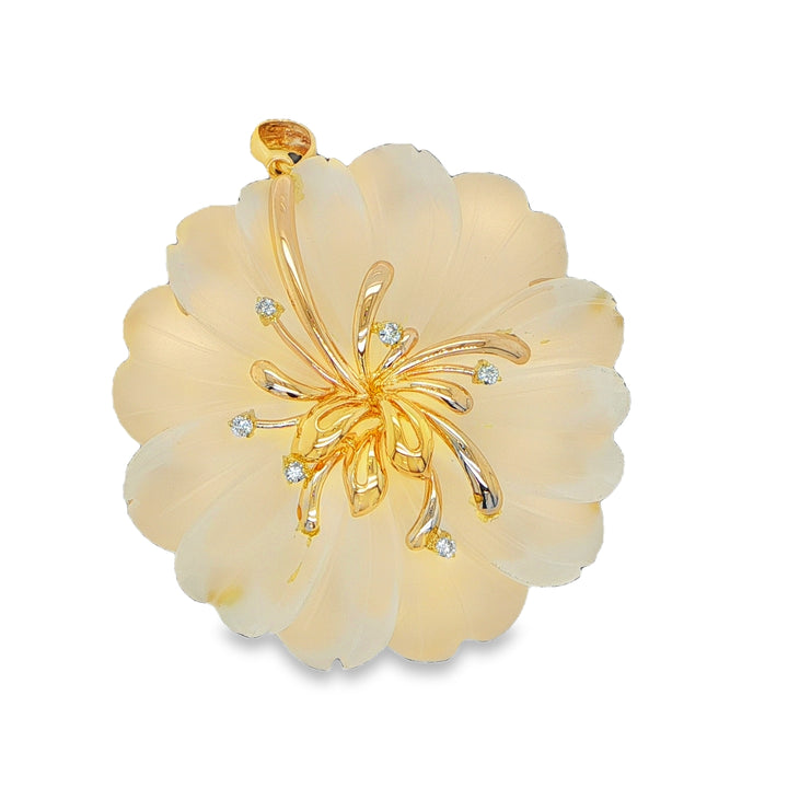 14K Yellow Gold Carved Quartz Flower Pendant with Diamond Accents